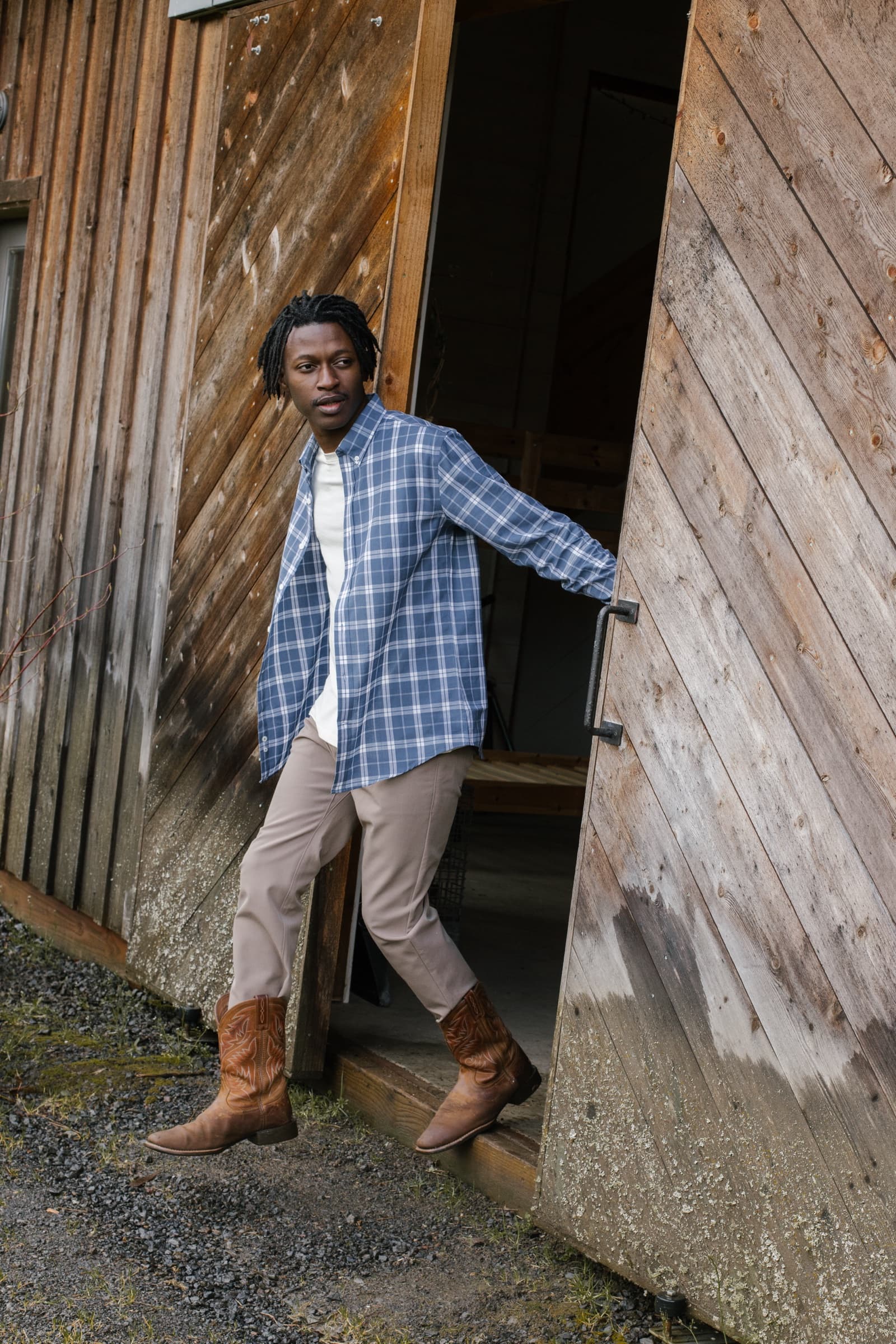 Wool & Prince plaid shirt at barn
